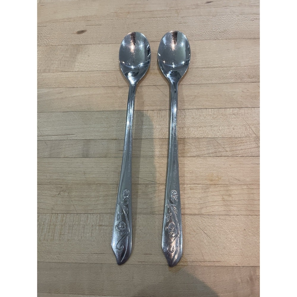 Set Of 2 Vintage Kingsway Rose Leaf Stainless Alliance Iced Teaspoons
